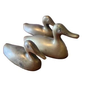 3 Vintage Mid Century Modern MCM Solid Brass Duck Family w/ Ducklings Figurines
